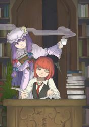 Rule 34 | 2girls, alternate hair length, alternate hairstyle, bat wings, blunt bangs, book, hugging book, book stack, bookshelf, capelet, collared shirt, crescent, crescent pin, cup, desk, door, dress, dress shirt, eyelashes, foresty, frown, hair ribbon, hat, head wings, highres, holding, holding book, hugging object, inkwell, koakuma, leaning to the side, library, long hair, long sleeves, mob cap, multiple girls, necktie, one eye closed, open book, open door, patchouli knowledge, plant, potted plant, purple dress, purple eyes, purple hair, quill, red eyes, red hair, red necktie, ribbon, role reversal, shirt, short hair, sitting, smile, standing, steam, striped clothes, striped dress, teacup, touhou, tress ribbon, very long hair, vest, voile, white shirt, wide sleeves, wings, writing