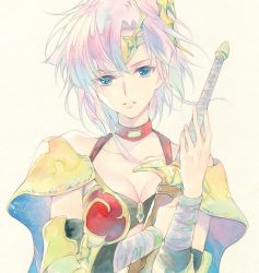 Rule 34 | 1990s (style), 1girl, agahari, armor, bandages, bare shoulders, blue eyes, breasts, choker, circlet, cleavage, collarbone, commentary request, detached sleeves, hair ornament, holding, holding sword, holding weapon, langrisser, medium breasts, narm (langrisser), pink hair, portrait, retro artstyle, sheath, sheathed, short hair, simple background, solo, sword, teeth, traditional media, upper body, weapon, white background