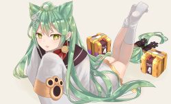 Rule 34 | 1girl, :3, absurdres, ahoge, akashi (azur lane), animal ears, azur lane, bell, black bow, blush, bow, bright pupils, cat ears, commentary request, dress, gold trim, green hair, hair between eyes, hair bow, hair ornament, half-closed eyes, hand up, highres, jingle bell, kneehighs, long hair, long sleeves, looking at viewer, low-tied long hair, lying, no shoes, on stomach, open mouth, parted bangs, paw pose, paw print, raised eyebrows, red bow, simple background, sleeve cuffs, sleeves past wrists, socks, solo, the pose, very long hair, white background, white pupils, white socks, yamaha tsui, yellow eyes