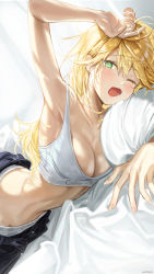 Rule 34 | 1girl, ;o, arm up, armpits, blonde hair, blush, bra, breasts, calvin klein, cleavage, green eyes, hand on own head, haruri, highres, hoshii miki, idolmaster, idolmaster (classic), indoors, looking at viewer, lying, medium breasts, messy hair, midriff, morning, no shirt, hugging object, on bed, on stomach, one eye closed, open mouth, panties, pillow, pillow hug, revision, solo, stretching, tears, underwear, waking up, white bra, white panties, yawning