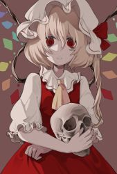 Rule 34 | ascot, blonde hair, brown background, chinese commentary, collared shirt, commentary, crystal, disgust, dress, flandre scarlet, hair between eyes, hat, highres, holding, holding skull, kuchuanleikan, long hair, looking at viewer, mob cap, puffy short sleeves, puffy sleeves, red dress, red eyes, shirt, short sleeves, side ponytail, simple background, skull, touhou, white headwear, white shirt, wings, yellow ascot