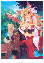 Rule 34 | 1girl, :d, absurdres, animal ears, black pantyhose, blonde hair, blue eyes, boots, breasts, cleavage, cloud, cross-laced footwear, crossed legs, day, detached sleeves, fang, fox, fox ears, fox mask, hair between eyes, hair ornament, highres, huge filesize, katou itsuwa, knee boots, large breasts, long hair, looking at viewer, mask, midriff, navel, open mouth, original, outdoors, pantyhose, petals, scan, sidelocks, sitting, skirt, sky, smile, solo, torii, wide sleeves