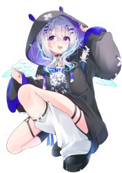 Rule 34 | 1girl, :d, amane kanata, amane kanata (punk rock), angel, angel wings, blue hair, casual, character print, choker, colored inner hair, eme (emeralda), grey hair, hair ornament, hairclip, highres, hololive, hood, hood up, hoodie, jacket, looking at viewer, multicolored hair, open mouth, print shirt, self character print, shirt, short hair with long locks, simple background, smile, solo, squatting, t-shirt, thigh strap, virtual youtuber, white background, wings, x hair ornament