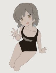 Rule 34 | 1girl, :d, bare arms, bare legs, black one-piece swimsuit, blush, brown eyes, brown hair, cropped legs, grey background, hatoba tsugu, head tilt, highres, invisible chair, legs together, looking at viewer, medium hair, megame (okbnkn), one-piece swimsuit, open mouth, simple background, sitting, smile, solo, swimsuit, tsugu (vtuber), virtual youtuber, waving, white background