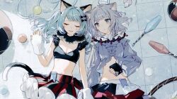 Rule 34 | 2girls, :3, animal ear fluff, animal ears, ball, bare arms, black bow, black collar, black shirt, black skirt, blue hair, blue nails, bow, breasts, cat ears, cat tail, chino (valis), chocoan, cleavage, closed eyes, collar, commentary, crop top, fingerless gloves, frilled collar, frills, fur gloves, gloves, grey eyes, grey hair, grey shirt, hair bow, hair ornament, hand on own stomach, highres, holding hands, hoop, hula hoop, juggling club, layered skirt, long hair, long sleeves, looking at another, lying, medium breasts, midriff, mouse (animal), multiple girls, nail polish, navel, open mouth, parted lips, puffy sleeves, red skirt, rope, shirt, short hair, skirt, sleeves past wrists, smile, striped clothes, striped skirt, symbol-only commentary, tail, tile floor, tiles, valis (sinsekai), vertical-striped clothes, vertical-striped skirt, virtual youtuber, vitte (valis), white collar, white skirt