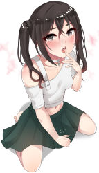 Rule 34 | 1girl, absurdres, bare shoulders, black hair, blush, breasts, cum, cum in mouth, facial, female focus, from above, full body, grey eyes, highres, idolmaster, idolmaster cinderella girls, long hair, looking at viewer, murabito c, off shoulder, pleated skirt, simple background, sitting, skirt, small breasts, solo, sunazuka akira, twintails, wariza, white background