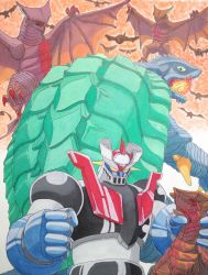 Rule 34 | claws, commentary, crossover, daiei film, destruction, emperor majin z (artist), fang, fangs, gamera, gamera: guardian of the universe, gamera (series), gamera 2: advent of legion, giant, green eyes, gyaos, highres, kadokawa, kaijuu, mazinger (series), mazinger z, mazinger z (mecha), mecha, monster, multiple persona, no humans, open mouth, pilder, red eyes, retro artstyle, robot, science fiction, super gyaos, super robot, tagme, tail, translation request, turtle, tusks, wings