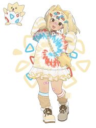 Rule 34 | 1girl, bag, bandaid, bandaid on face, bandaid on leg, bandaid on nose, blonde hair, bow, brown eyes, chain, choker, creature and personification, creatures (company), earrings, frilled skirt, frills, game freak, gen 2 pokemon, hair bow, hair ornament, hairclip, highres, jacequilart, jewelry, layered sleeves, leg warmers, long sleeves, looking at viewer, nintendo, open mouth, pendant choker, personification, pokemon, pokemon (creature), rainbow, reference inset, shirt, shoes, short over long sleeves, short sleeves, shoulder bag, simple background, skirt, smile, sneakers, socks, star-shaped bag, striped clothes, striped shirt, striped socks, teeth, tie-dye, togepi, twintails, upper teeth only, wing ornament