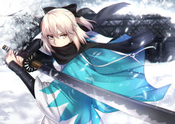 Rule 34 | 1girl, ahoge, arm guards, black bow, black scarf, bow, covered mouth, fate/grand order, fate (series), hair bow, half updo, haori, holding, holding sword, holding weapon, japanese clothes, katana, kimono, koha-ace, okita souji (fate), okita souji (koha-ace), sash, scarf, shigure s, shinsengumi, short kimono, snow, snowing, solo, sword, upper body, weapon