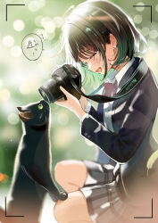 Rule 34 | 1girl, :d, black cat, black jacket, blazer, blurry, blurry background, blush, bob cut, bow, bowtie, breasts, brown hair, camera, camera around neck, cat, collared shirt, ear ornament, earrings, furrowed brow, highres, holding, holding camera, jacket, jewelry, knees, long sleeves, one eye closed, open clothes, open jacket, open mouth, original, pleated skirt, red bow, red bowtie, school uniform, shirt, short hair, single-lens reflex camera, skirt, small breasts, smile, solo, squatting, strap, stud earrings, taking picture, translation request, viewfinder, white shirt, yellow eyes, yukimaru nun