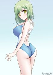 Rule 34 | 1girl, ass, back cutout, blue background, blue one-piece swimsuit, breasts, clothing cutout, commentary request, competition swimsuit, cowboy shot, green eyes, green hair, highres, kikore suke, large breasts, lunateresia von wizleben, medium hair, muv-luv, muv-luv alternative, one-piece swimsuit, signature, solo, swimsuit, the euro front, wet, wet hair