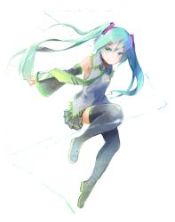 Rule 34 | 1girl, absurdres, boots, circuit board, detached sleeves, green eyes, green hair, hatsune miku, highres, long hair, matching hair/eyes, necktie, scyze, simple background, skirt, solo, thigh boots, thighhighs, twintails, very long hair, vocaloid, white background