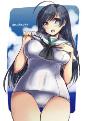 Rule 34 | 10s, 1girl, ahoge, black eyes, black hair, black neckerchief, blouse, breasts, clothes lift, cowboy shot, girls und panzer, gluteal fold, hand on own chest, isuzu hana, large breasts, long hair, looking at viewer, neckerchief, no pants, one-piece swimsuit, ooarai school uniform, open mouth, school swimsuit, school uniform, serafuku, shinshin, shirt, shirt lift, short sleeves, smile, solo, standing, swimsuit, swimsuit under clothes, thigh gap, twitter username, white one-piece swimsuit, white shirt