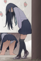 Rule 34 | 1girl, artist name, ass, between legs, black hair, black thighhighs, blue necktie, blue skirt, blush, breasts, clenched teeth, crotch seam, day, ear blush, faceless, faceless female, female focus, from behind, from side, full body, grass, grey background, hand between legs, have to pee, heart, heel up, highres, kneepits, kokomachi, leaning forward, long hair, long sleeves, miniskirt, multiple views, necktie, nose blush, original, outdoors, own hands together, panties, pantyshot, pee, peeing, peeing self, pleated skirt, school uniform, shirt, shirt tucked in, shoes, sidelocks, signature, sketch, skirt, small breasts, speech bubble, spoken heart, standing, teeth, thighhighs, trembling, underwear, upskirt, white panties, white shirt, zettai ryouiki