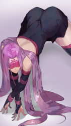 Rule 34 | 1girl, absurdres, all fours, ass, back, bare shoulders, black dress, blindfold, boots, breasts, closed mouth, detached sleeves, dress, facial mark, fate/stay night, fate (series), forehead, forehead mark, grey background, hair intakes, highres, kikken, large breasts, long hair, medusa (fate), medusa (rider) (fate), parted bangs, purple hair, short dress, solo, strapless, strapless dress, thigh boots, thighhighs, thighs, very long hair