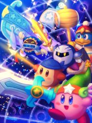 Rule 34 | aircraft, airship, artist name, bandana, bandana waddle dee, beak, bellhenge, blue eyes, brown eyes, galaxia (sword), green hat, hammer, hat, highres, king dedede, kirby, kirby&#039;s return to dream land, kirby (series), magolor, md5 mismatch, meta knight, nintendo, polearm, rayman limbs, resized, resolution mismatch, source smaller, sparkle, spear, star (sky), star (symbol), sword, upscaled, waddle dee, weapon, wings, yellow eyes