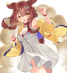 Rule 34 | 1girl, animal collar, animal ears, armpit crease, ayame (3103942), bare shoulders, blush, bone hair ornament, bone print, brown hair, buttons, cartoon bone, clenched hands, collar, commentary, dog ears, dog girl, dog tail, dress, hair ornament, highres, hololive, inugami korone, inugami korone (1st costume), jacket, long sleeves, off shoulder, one eye closed, orange eyes, red neckwear, sleeveless, sleeveless dress, solo, tail, tongue, tongue out, virtual youtuber, yellow jacket