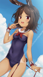 Rule 34 | 1girl, :d, animal ear fluff, animal ears, azur lane, blue sky, blush, breasts, brown eyes, brown hair, cloud, dark-skinned female, dark skin, day, detached collar, i-26 (azur lane), looking at viewer, one-piece swimsuit, open mouth, outdoors, parted bangs, rabbit ears, red eyes, school swimsuit, short hair, side-tie swimsuit, sky, small breasts, smile, solo, standing, strapless, strapless one-piece swimsuit, swimsuit, tan, tanline, teeth, untied swimsuit, upper teeth only, yamasan
