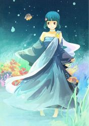 Rule 34 | 1girl, bare shoulders, barefoot, blue dress, blue hair, borrowed character, brown eyes, choker, closed mouth, commentary request, copyright request, dress, fish, gemi, grass, long sleeves, short hair, smile, solo, standing, underwater, white choker