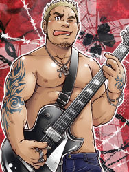 Rule 34 | 1boy, bara, commentary request, electric guitar, facial hair, gibson les paul, guitar, instrument, jewelry, large pectorals, male focus, mature male, muscular, muscular male, necklace, nipples, open mouth, original, pectorals, solo, suv (suv032), tattoo, tongue, tongue out, topless male
