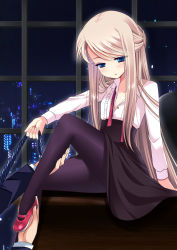 Rule 34 | 1girl, agekichi (heart shape), bad feet, bad id, bad pixiv id, black pantyhose, blue eyes, blush, half updo, holding, holding another&#039;s foot, long hair, mary janes, necktie, necktie grab, neckwear grab, original, pantyhose, shoes, silver hair, sitting, solo focus, window