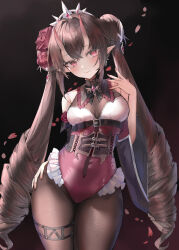 Rule 34 | 1girl, bare shoulders, belt, bow, bowtie, breasts, brown hair, brown pantyhose, commission, cowboy shot, crown, double bun, drill hair, fang, flower, frilled leotard, frills, hair bun, hair flower, hair ornament, hand on own hip, hand up, highres, horns, leotard, long hair, looking at viewer, medium breasts, oni horns, original, pantyhose, pointy ears, raiya atelier, red eyes, red leotard, rose, skeb commission, smile, solo, thigh strap, thighs, twin drills, twintails, underbust, very long hair