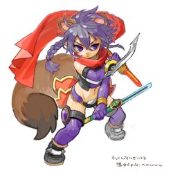 Rule 34 | 1girl, animal ears, bad drawr id, bad id, braid, cape, character request, closed mouth, copyright request, crop top, dual wielding, elbow gloves, fighting stance, frown, full body, gloves, grey footwear, holding, holding sword, holding weapon, navel, oekaki, purple eyes, purple gloves, purple hair, purple thighhighs, raccoon ears, raccoon girl, raccoon tail, red cape, shoes, simple background, solo, standing, sword, tail, tanaka pen, thighhighs, weapon, white background