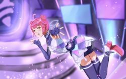 Rule 34 | 1girl, alternate hairstyle, analog heart (love live!), artist name, artist request, bag, bare shoulders, belt, belt pouch, black gloves, black legwear, blush, breasts, brown eyes, cross-laced clothes, cross-laced dress, double bun, double horizontal stripe, dress, dress shirt, elbow gloves, fake wings, female focus, fingerless gloves, floral print, gloves, hair bun, handbag, high collar, high heels, highres, looking at viewer, love live!, love live! nijigasaki high school idol club, love live! school idol festival, love live! school idol festival all stars, miniskirt, monitor, multicolored clothes, multicolored dress, on stage, parted lips, pink hair, plaid, plaid skirt, pleated, pleated skirt, pouch, reaching, reaching towards viewer, shirt, short hair, skirt, sleeveless, sleeveless dress, small breasts, smile, solo, sparkle, stage, stage lights, stairs, standing, standing on one leg, tennoji rina, white footwear, white skirt, wings, yellow eyes