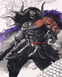 Rule 34 | armor, black hair, bracelet, chain, club (weapon), dragon, facial hair, glowing, glowing eyes, highres, holding, holding weapon, horns, japanese clothes, jewelry, kaidou (one piece), kanabou, long hair, muscular, muscular male, mustache, one piece, open mouth, shimhaq, spiked bracelet, spikes, tattoo, weapon