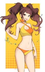 Rule 34 | 1girl, bikini, breasts, brown hair, cleavage, cleavage cutout, clothing cutout, earrings, fingernails, hand in own hair, highres, jewelry, kujikawa rise, legs, long fingernails, medium breasts, milka (milk4ppl), navel, open mouth, orange background, pale skin, persona, persona 4, swimsuit, twintails, water drop