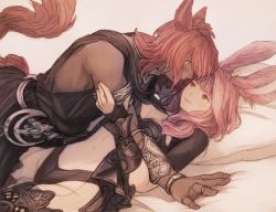 Rule 34 | 1boy, 1girl, all fours, animal ears, armlet, blue eyes, blush, bracelet, breasts, brown eyes, cat ears, cat tail, dark-skinned male, dark skin, facial mark, final fantasy, final fantasy xiv, fingerless gloves, gloves, jewelry, long hair, looking at another, lying, maeka (kumaekake), medium breasts, miqo&#039;te, navel, on back, pink hair, rabbit ears, red hair, revealing clothes, ring, see-through, smile, tail, thighhighs, viera, warrior of light (ff14)
