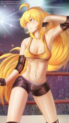 Rule 34 | 1girl, abs, ahoge, artist name, blonde hair, boxing ring, boxing shorts, breasts, cleavage, crowd, elbow pads, fingerless gloves, gloves, highres, large breasts, long hair, looking to the side, navel, purple eyes, rwby, shiny skin, shorts, sports bra, stomach, sweat, tank top, wiping sweat, yang xiao long