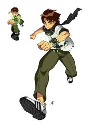 Rule 34 | 1boy, adidas, animification, apoloniodraws, belt, ben 10, ben tennyson, black scarf, brown hair, derivative work, full body, green eyes, green pants, highres, male focus, omnitrix, pants, running, scarf, shoes, simple background, sneakers, watch, white background, white footwear