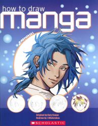 1boy artist_name blouse blue-haired_boy_(how_to_draw_manga) blue_background blue_eyes blue_hair blue_theme closed_mouth cover cover_page derivative_work english_text forehead hair_intakes happy highres how_to_draw_manga how_to_draw_manga_redraw_challenge_(meme) jpeg_artifacts karma_(mafurakos) long_hair looking_to_the_side male_focus matching_hair/eyes meme ponytail portrait shirt sidelocks signature smile solo_focus twitter_username white_shirt