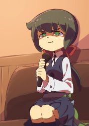 Rule 34 | 1girl, :i, blue skirt, blue socks, blue vest, bow, closed mouth, collared shirt, commentary request, constanze amalie von braunschbank-albrechtsberger, couch, green eyes, green hair, hair bow, highres, holding, holding microphone, indoors, little witch academia, long sleeves, microphone, ponytail, pout, red bow, shaded face, shirt, short hair, sitting, skirt, socks, solo, tama (tama-s), vest, wing collar