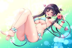 Rule 34 | 1girl, :d, aqua bikini, armpits, ass, ayuma sayu, bare arms, bare legs, bare shoulders, barefoot, bikini, black choker, black hair, breasts, choker, cleavage, commentary request, flower, hair ornament, heart, heart tattoo, hibiscus, holding, holding flower, knees up, large breasts, bridal garter, long hair, looking at viewer, nail polish, navel, open mouth, original, pink eyes, pink flower, polka dot, scrunchie, sidelocks, smile, solo, swimsuit, tattoo, thighs, twintails, wrist scrunchie