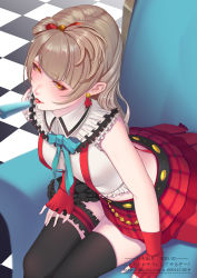 Rule 34 | 1girl, belt, black belt, black thighhighs, blonde hair, bow, brown hair, checkered clothes, checkered skirt, collar, collared shirt, commentary request, earrings, fingerless gloves, food, frilled collar, frills, from above, gloves, green bow, green neckwear, hair bow, highres, jewelry, long hair, love live!, love live! school idol festival, love live! school idol project, midriff, minami kotori, one side up, popsicle, red gloves, shirt, sitting, skirt, solo, thighhighs, tile floor, tiles, tongue, tongue out, xiumu bianzhou, yellow eyes