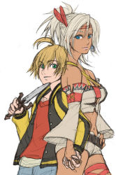 Rule 34 | 1boy, 1girl, age difference, ahoge, back-to-back, bare shoulders, belt, blonde hair, blue eyes, braid, buttons, child, cowboy shot, criss-cross halter, crop top, dagger, dark skin, denim, detached sleeves, earrings, feather hair ornament, feathers, french braid, from side, green eyes, grin, hair between eyes, hair ornament, halterneck, hand on own hip, headband, high ponytail, holding, holding hands, holding weapon, interlocked fingers, jacket, jeans, jewelry, johnny garland, knife, light smile, looking at viewer, midriff, native american, navel, onee-shota, open clothes, open jacket, pants, ponytail, saiwai keyaki hisa, shadow hearts, shadow hearts from the new world, shania, shirt, short hair, short ponytail, short shorts, shorts, simple background, sketch, smile, thigh strap, unbuttoned, weapon, white background, white hair, wide sleeves, yukitsuki hisa