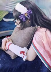Rule 34 | 1girl, arm warmers, bad id, bad pixiv id, bed, black hair, cape, commentary request, fate/grand order, fate (series), glasses, hair ribbon, hairband, highres, long hair, looking away, murasaki-raku, hugging object, osakabehime (fate), photorealistic, pillow, pillow hug, pixiv fate/grand order contest 2, realistic, ribbon, solo