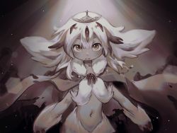 Rule 34 | 1girl, animal ears, cape, claws, closed mouth, commentary request, convenient arm, cowboy shot, crown, extra arms, faputa, fewer digits, fur-trimmed cape, fur trim, highres, jewelry, light particles, looking at viewer, made in abyss, medium hair, multicolored hair, muted color, navel, nude, own hands together, pendant, senme79897444, slit pupils, solo, steepled fingers, streaked hair, white fur, white hair, yellow eyes