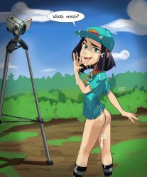 Rule 34 | 1girl, aftersex, aqua headwear, aqua shirt, arm behind back, artist name, ass, bad id, bad pixiv id, baseball cap, black hair, black socks, blue sky, bob cut, bottomless, breasts, bukkake, camcorder, camera, clothes writing, cloud, commentary, commission, cosplay, creatures (company), cum, cum on body, cum on clothes, cum on hair, cum on hands, cum on headwear, cum on legs, day, dress shirt, english commentary, english text, facial, feet out of frame, female focus, foliage, freckles, from behind, from side, game freak, grass, green eyes, grey socks, hairband, hand on own face, hat, highres, kasia mikolajczyk, kneehighs, licking, looking at viewer, looking back, neckerchief, nintendo, open mouth, orange hairband, orange neckerchief, original, outdoors, picnicker (pokemon), picnicker (pokemon) (cosplay), pokemon, pokemon oras, polyle, raised eyebrow, shirt, short hair, short sleeves, signature, sky, small breasts, smile, socks, solo, speech bubble, standing, striped clothes, striped socks, thick eyebrows, tongue, tongue out, tripod, two-tone socks, video camera