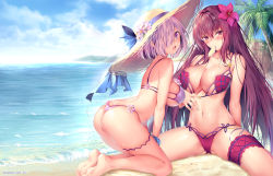 Rule 34 | 2girls, arm at side, artist name, ass, beach, big hair, bikini, bikini pull, blue sky, blush, breasts, bridal garter, butt crack, cleavage, clothes pull, cloud, cloudy sky, collarbone, commentary request, day, dot nose, fate/grand order, fate (series), flipped hair, flower, food, food in mouth, food on body, from behind, gluteal fold, hair between eyes, hair flower, hair intakes, hair ornament, hair over one eye, hand on own thigh, hand on thigh, hat, hibiscus, highres, kneeling, large breasts, long hair, looking at viewer, looking back, mash kyrielight, mouth hold, multi-strapped bikini bottom, multi-strapped bikini top, multiple girls, navel, obiwan, ocean, on ground, open mouth, outdoors, palm tree, pink bikini, pink hair, popsicle, purple eyes, purple hair, sand, scathach (fate), scathach (fate/grand order), scathach (swimsuit assassin) (fate), short hair, sideboob, sitting, skindentation, sky, spread legs, stomach, string bikini, sun hat, swimsuit, thigh strap, tree, twitter username, very long hair, water