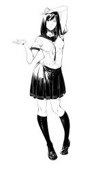 Rule 34 | 1girl, absurdres, arm above head, closed mouth, contrapposto, full body, greyscale, hand up, highres, kneehighs, loafers, looking at viewer, medium hair, monochrome, neckerchief, one eye closed, original, pleated skirt, pointing, ruukii drift, school uniform, serafuku, shirt, shoes, short sleeves, skirt, socks, solo