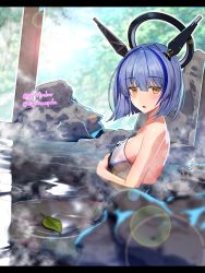 Rule 34 | 1girl, azur lane, bare shoulders, blue hair, blurry, blush, day, depth of field, from side, gascogne (azur lane), halo, headgear, highres, leaf, letterboxed, looking at viewer, mechanical halo, multicolored hair, onsen, outdoors, partially submerged, short hair, sitting, solo, streaked hair, sugita ranpaku, twitter username, water, yellow eyes