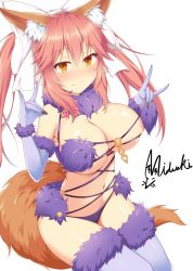 Rule 34 | 1girl, animal ear fluff, animal ears, blush, breasts, cleavage, commentary, commentary request, cosplay, double fox shadow puppet, elbow gloves, fate/grand order, fate (series), fox ears, fox girl, fox shadow puppet, fox tail, fur-trimmed gloves, fur-trimmed legwear, fur collar, fur trim, gloves, hair ribbon, halloween, halloween costume, highres, lace, lace-trimmed legwear, lace trim, large breasts, looking at viewer, mash kyrielight, mash kyrielight (dangerous beast), mash kyrielight (dangerous beast) (cosplay), mizuki (kogetsu-tei), nipples, o-ring, o-ring top, official alternate costume, pink hair, purple gloves, purple legwear, revealing clothes, ribbon, solo, tail, tamamo (fate), tamamo no mae (fate/extra), white ribbon, yellow eyes