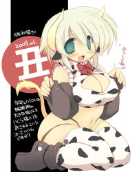 Rule 34 | 1girl, animal print, blonde hair, blush, breasts, cleavage, cow print, cow tail, dated, detached sleeves, fang, full body, green eyes, horns, large breasts, new year, original, sakaki (noi-gren), short hair, solo, tail, thighhighs