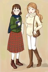 Rule 34 | 10s, 2girls, alternate costume, bad id, bad pixiv id, bag, book, boots, brown eyes, brown footwear, brown hair, cardigan, casual, full body, glasses, hand up, handbag, holding, holding book, kantai collection, knee boots, littorio (kancolle), long hair, long skirt, long sleeves, multiple girls, nonomori, open mouth, pants, roma (kancolle), scarf, simple background, skirt, sweater, turtleneck, wavy hair, white legwear, white pants