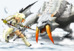 Rule 34 | armor, barioth, barioth (armor), battle, capcom, dual wielding, fangs, holding, monster, monster hunter (series), monster hunter portable 3rd, sword, weapon, white hair