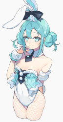 Rule 34 | 1girl, alternate costume, alternate hairstyle, animal ears, aqua eyes, aqua hair, arm behind back, armband, armpit crease, artist name, bare shoulders, bicute bunnies miku, black ribbon, blue necktie, blush, breasts, cleavage, closed mouth, collarbone, commentary request, covered navel, cowboy shot, cropped legs, crotch seam, detached collar, dot nose, double bun, doughnut hair bun, eyelashes, fake animal ears, fishnet legwear, fishnets, frilled cuffs, frills, fur-trimmed leotard, fur collar, fur trim, hair between eyes, hair bun, hair ribbon, hand on own face, hand up, happy, hatsune miku, hatsune miku (bicute bunnies), highres, legs together, leotard, looking at viewer, necktie, pom pom (clothes), rabbit ears, rabbit tail, ribbon, sideboob, sidelocks, simple background, small breasts, smile, sogawa, solo, tail, tareme, upper body, vocaloid, white background, white leotard, wrist cuffs