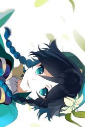 Rule 34 | 1boy, androgynous, beret, black hair, blue hair, bow, braid, collared cape, commentary request, flower, genshin impact, gradient hair, green eyes, green hat, hair flower, hair ornament, hat, highres, leaf, looking at viewer, male focus, moai on, multicolored hair, open mouth, short hair with long locks, side braids, sidelocks, sideways, simple background, smile, solo, twin braids, venti (genshin impact), white background, white flower